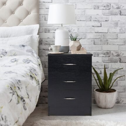 Outlet - Essie Black 3 Drawer Bedside Table