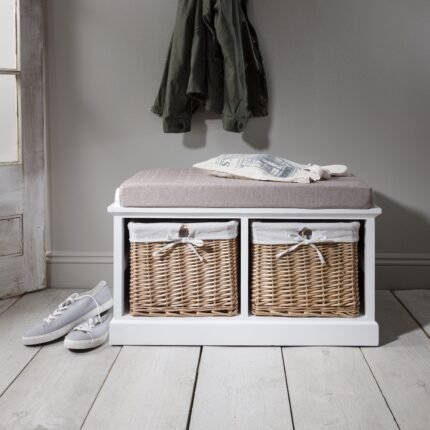 Outlet – Fyfield Hallway Shoe Storage Bench in White with cushion