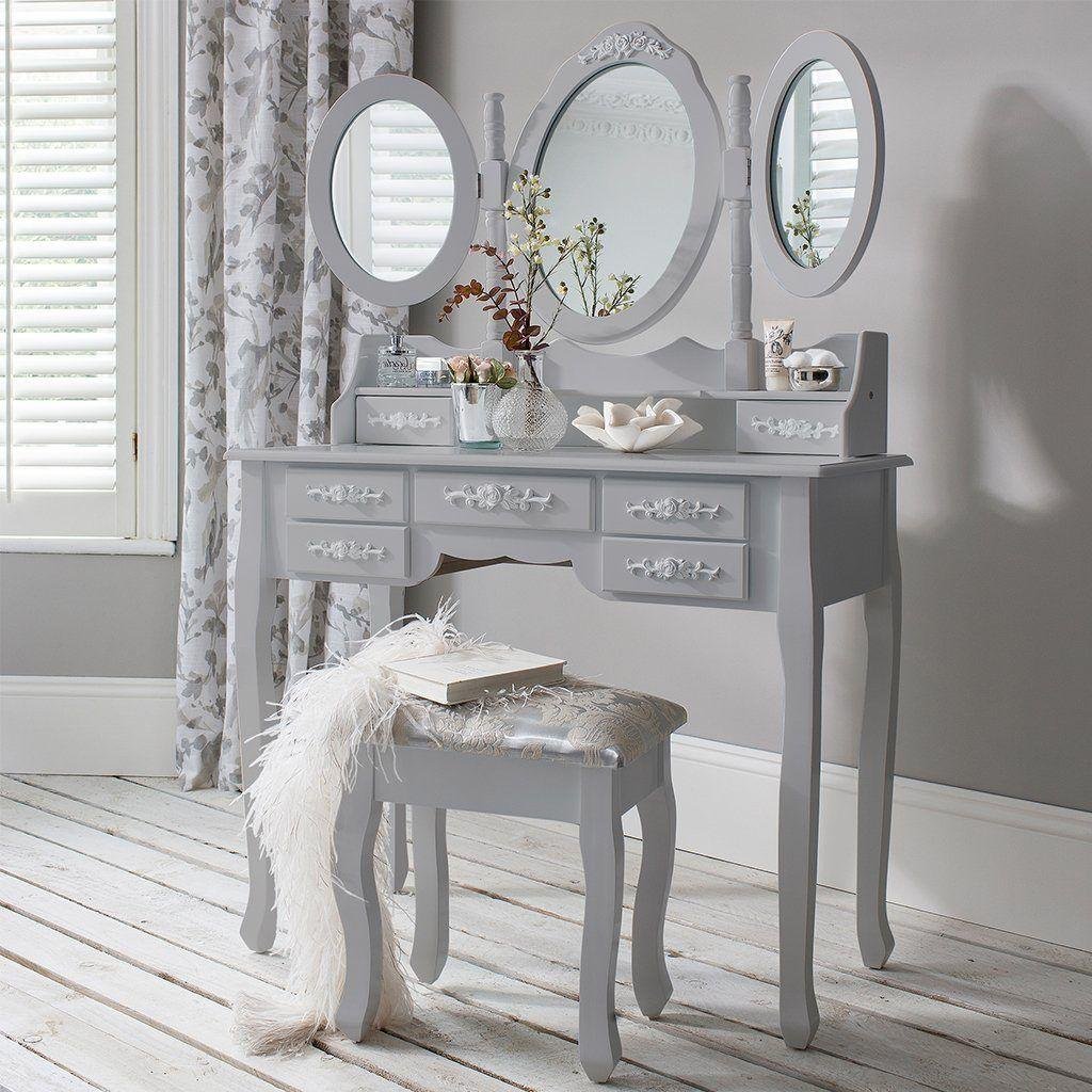 outlet-monaco-dressing-table-stool-and-mirror-set-grey-painted-laura-james Outlet - Monaco Dressing Table, Stool & Mirror Set - Grey Painted
