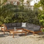 Dakota 6 Seater Wooden Corner Sofa Set - Natural Acacia with Grey Cushions