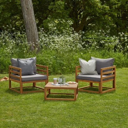 Rowan 2 Garden Armchairs with Coffee Table Set - Grey