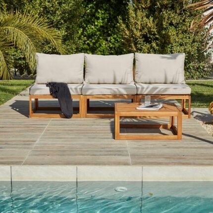 Rowan 3 Seater Wooden Garden Armless Sofa & Coffee Table Set - Natural