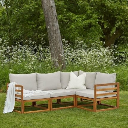 Rowan 4 Seater Wooden Garden Corner Sofa with Arms - Natural