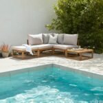 Rowan 4 Seater Wooden Chaise Garden Corner Sofa Set with Coffee Table - Natural