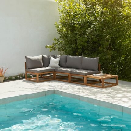 Rowan 4 Seater Wooden Garden Corner Sofa with Coffee Table - Grey