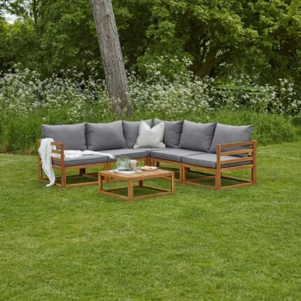 Rowan 5 Seater Wooden Garden Corner Sofa Set - Grey