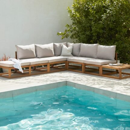 Rowan 6 Seater Wooden Garden Chaise Corner Sofa Set with Coffee Table - Natural