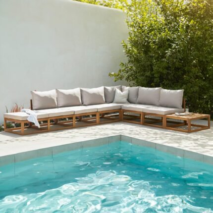 Rowan 7 Seater Wooden Garden Chaise Corner Sofa Set with Coffee Table - Natural