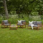 Rowan Wooden Garden Set with 2 Seater Sofa - 2 Armchairs with Coffee Table - Grey