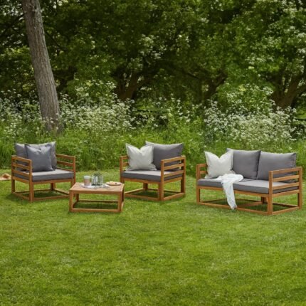 Rowan Wooden Garden Set with 2 Seater Sofa - 2 Armchairs with Coffee Table - Grey
