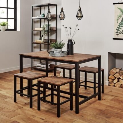 Sheffield Rich Oak Dining Table Set - 4 Seater - Sheffield Stools - Matte Black Legs