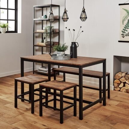 Sheffield Rich Oak Dining Table Set - 4 Seater - 1 Sheffield Bench & 2 Stools - Matte Black Legs