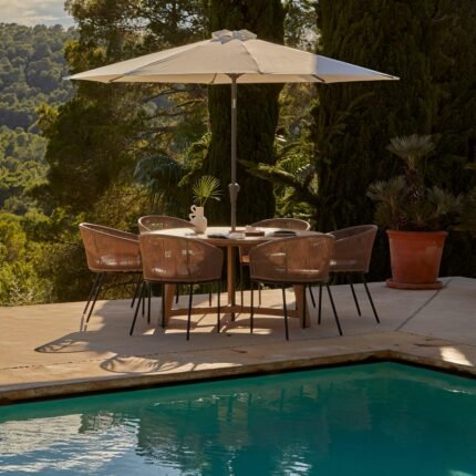Shiro 6 Seater Wooden Round Dining Table with 6 Hali Natural Rope Chairs & Cream Parasol - 160cm