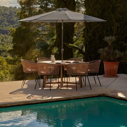 Shiro 6 Seater Wooden Round Dining Table with 6 Hali Natural Rope Chairs & Grey Parasol - 160cm