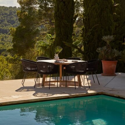 Shiro 6 Seater Wooden Round Garden Dining Table with 6 Hali Black Rope Chairs - 160cm