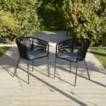 Shiro 6 Seater Wooden Round Garden Dining Table with 6 Hali Black Rope Chairs - 160cm - Image 2