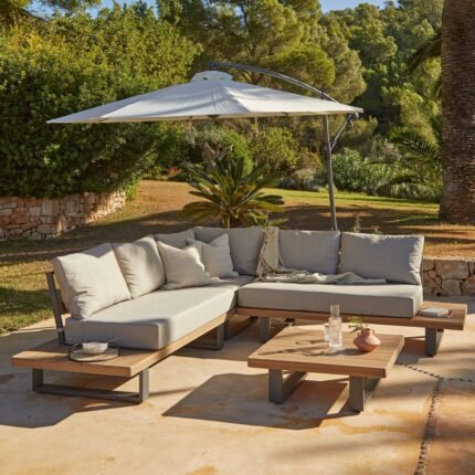 Shiva Garden Corner Sofa Set with Cream Parasol - Stone