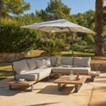 Shiva Garden Corner Sofa Set with Cream LED Premium Parasol - Stone