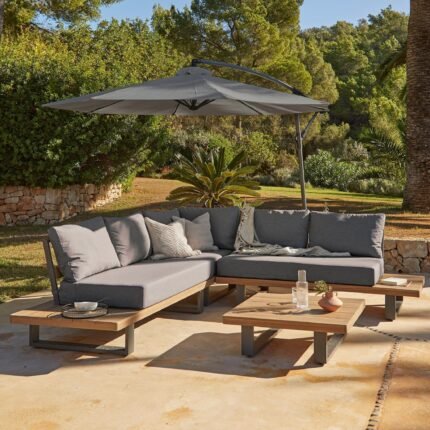 Shiva Garden Corner Sofa Set with Grey Lean Over Parasol - Grey
