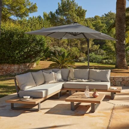 Shiva Garden Corner Sofa Set with Grey LED Premium Parasol - Stone