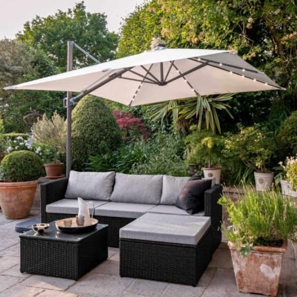 Weston 4 Seater Rattan Garden Corner Sofa Set with Cream LED Premium Cantilever Parasol & Base - Black Weave