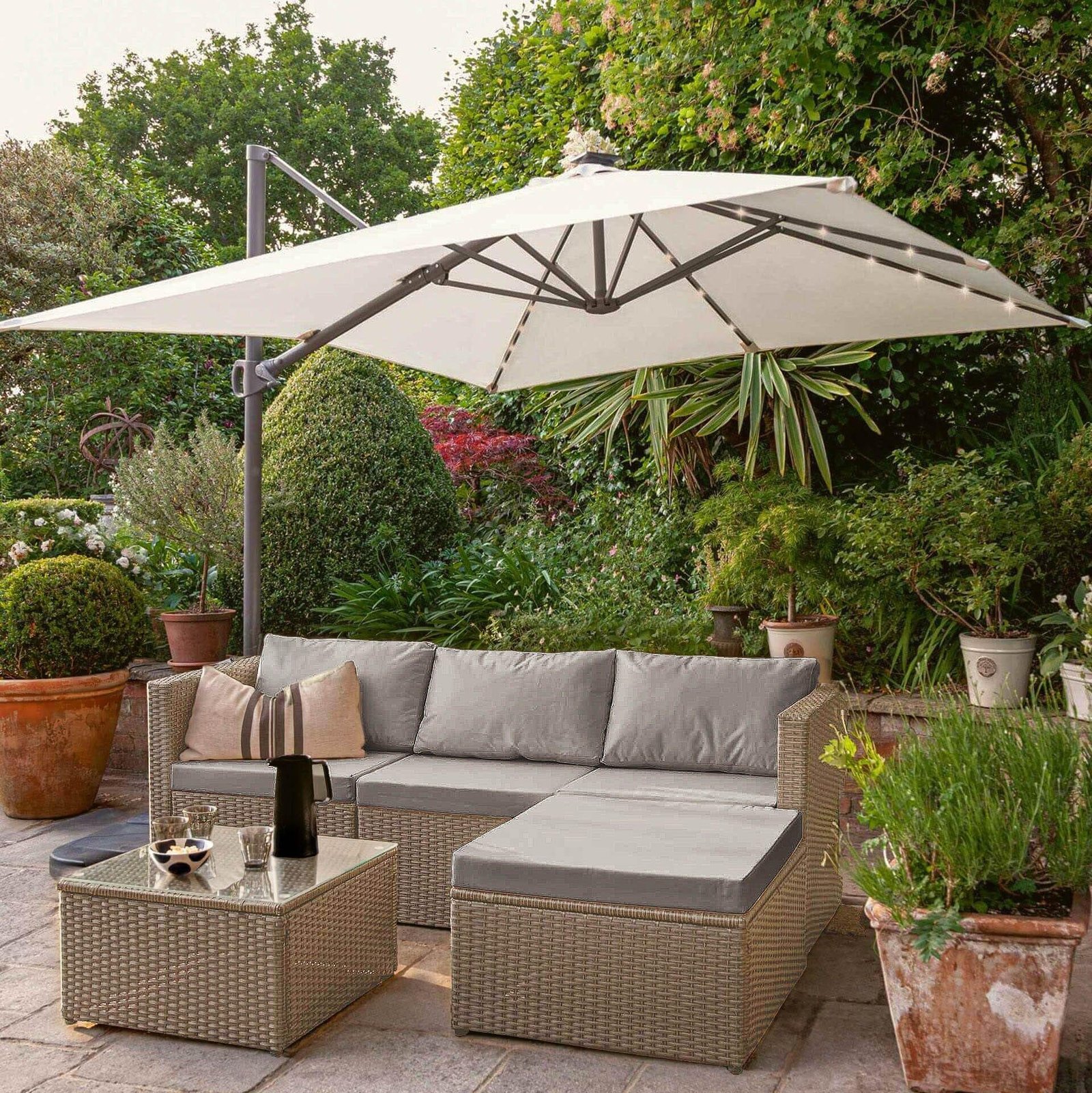 weston-4-seater-rattan-garden-corner-sofa-set-with-cream-led-premium-parasol-natural-weave-laura-james-1 Weston 4 Seater Rattan Garden Corner Sofa Set with Cream LED Premium Parasol - Natural Weave