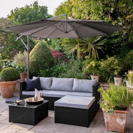 Weston 4 Seater Rattan Garden Corner Sofa Set with Grey Lean Over Parasol & Base - Black Weave