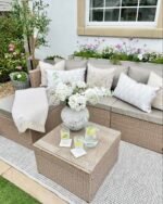 Weston 4 Seater Rattan Garden Corner Sofa Set with Cream Lean Over Parasol - Natural Weave - Image 2