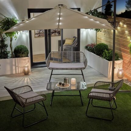Wick Rattan Garden Sofa Set with Cream LED Premium Parasol - Light Grey