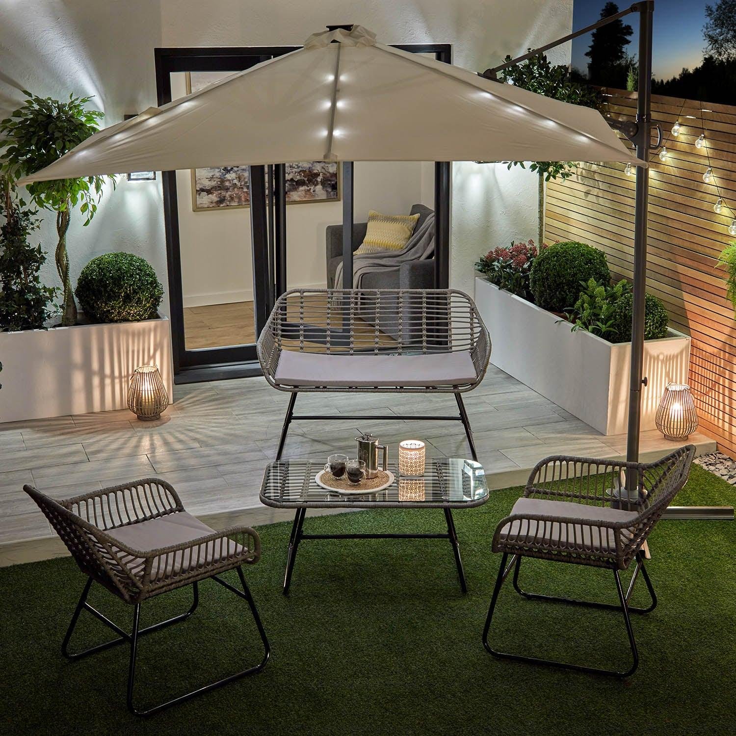 wick-rattan-garden-sofa-set-with-cream-led-premium-parasol-light-grey-laura-james-1 Wick Rattan Garden Sofa Set with Cream LED Premium Parasol - Light Grey