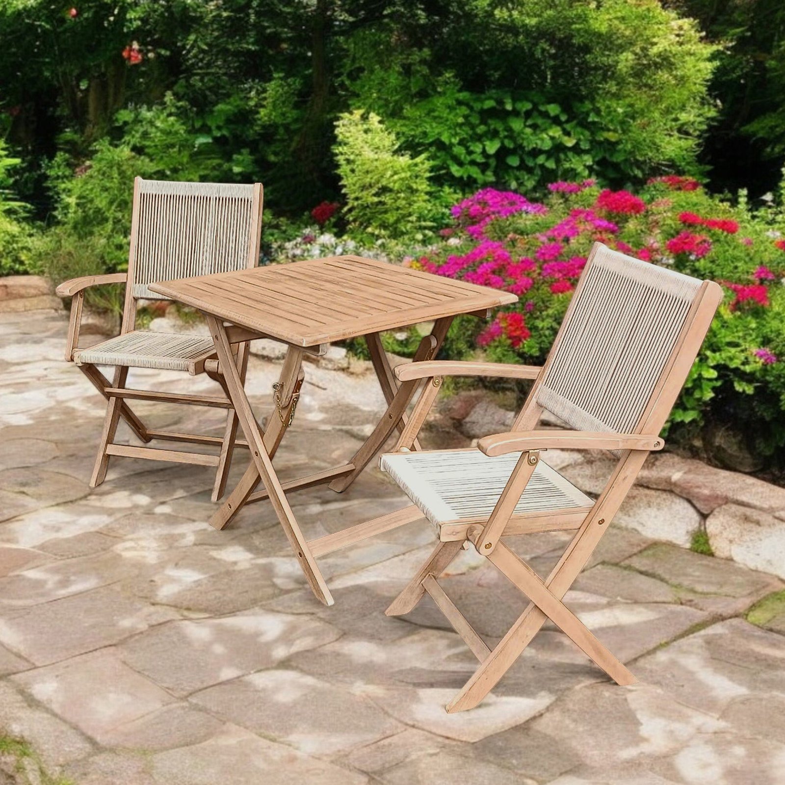 London FSC Acacia 2 Seater Square Folding Bistro Set with London Rope Folding Armchairs - Image 1