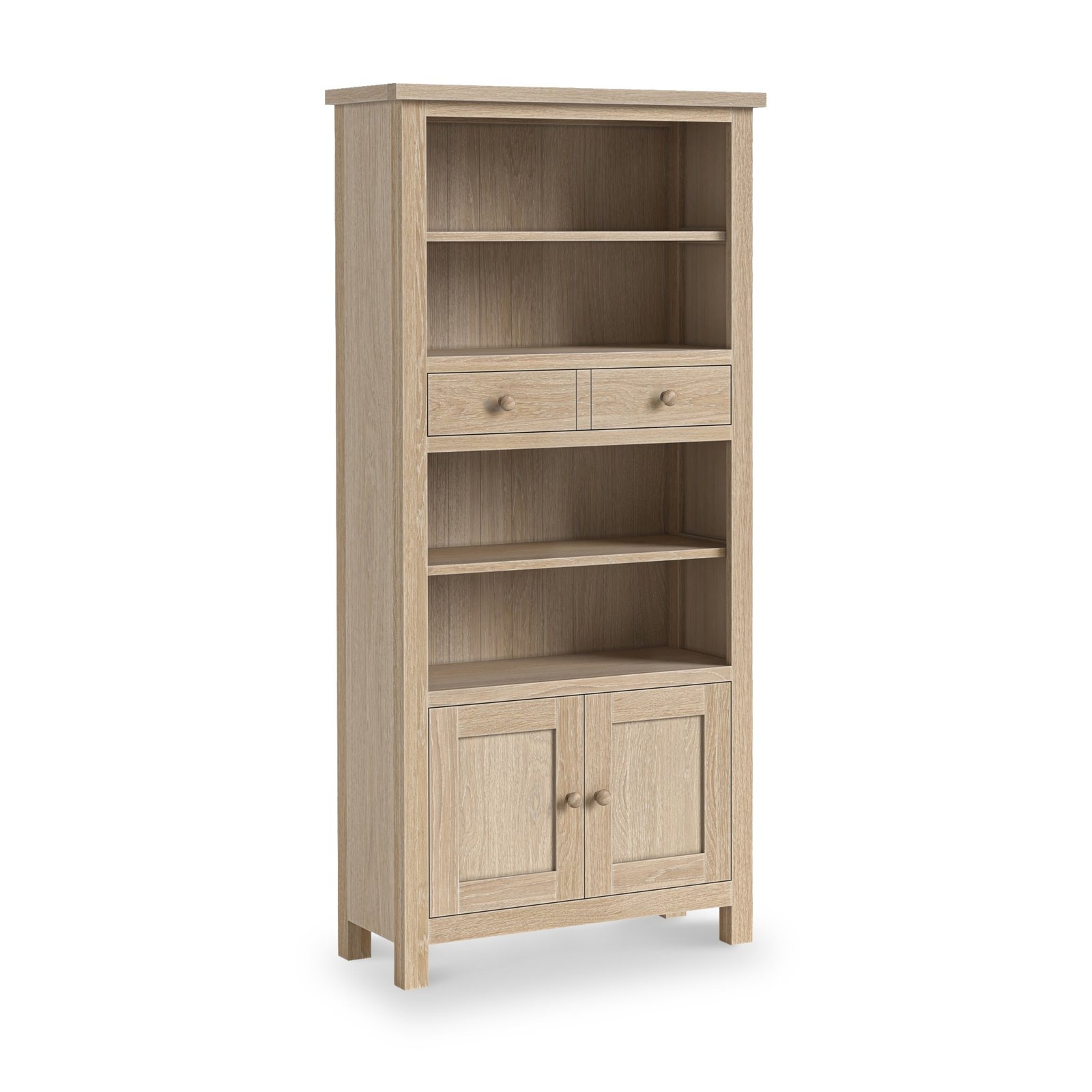 RF8818-Trelan-Oak-Display-Bookcase-WH-Angle1 Trelan Washed Oak Display Bookcase - Image 1