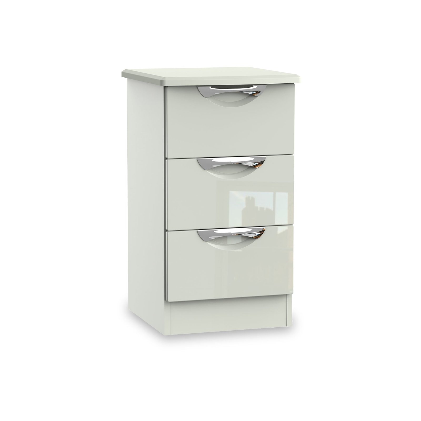 RFCAM001KGK-Beckett-Cream-3-Drawer-Bedside-Angle1 Beckett Gloss 3 Drawer Bedside Cabinet - Image 1