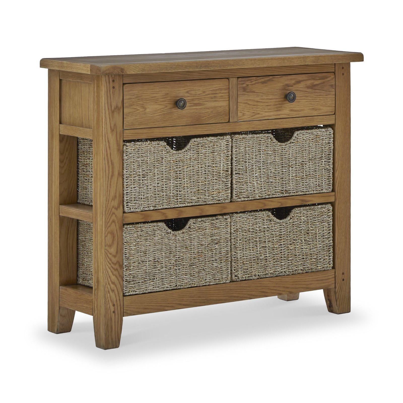 RFCORN5878-Broadway-CONSOLE-TABLE-WITH-BASKET-Angle1 Broadway Oak Console Table with Baskets - Image 1