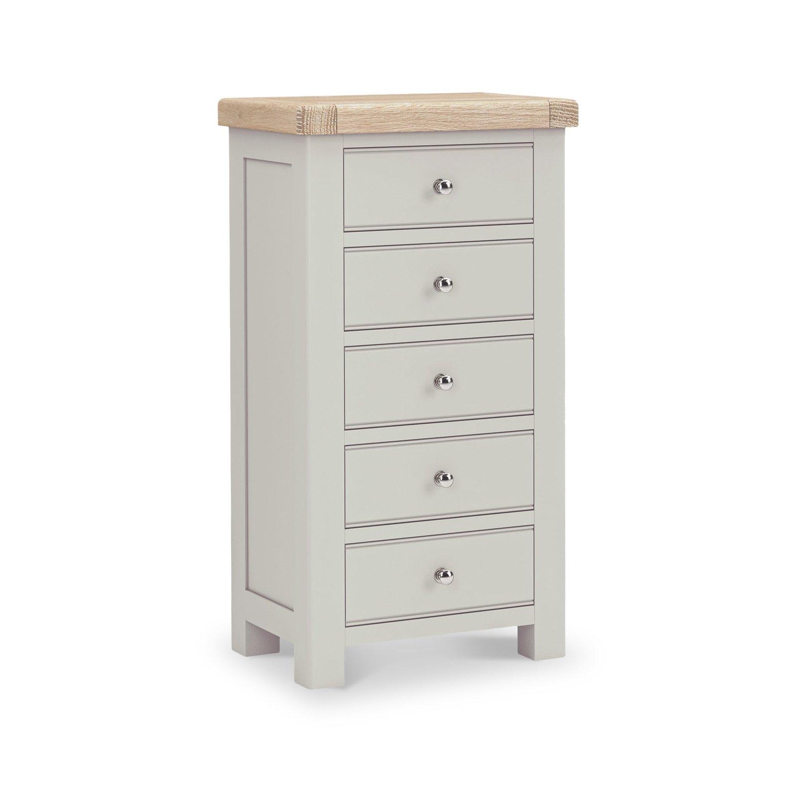 RFCORN8281-Penzance-Tallboy-Stone-Grey-Angle1 Penzance 5 Drawer Tallboy Chest - Image 1
