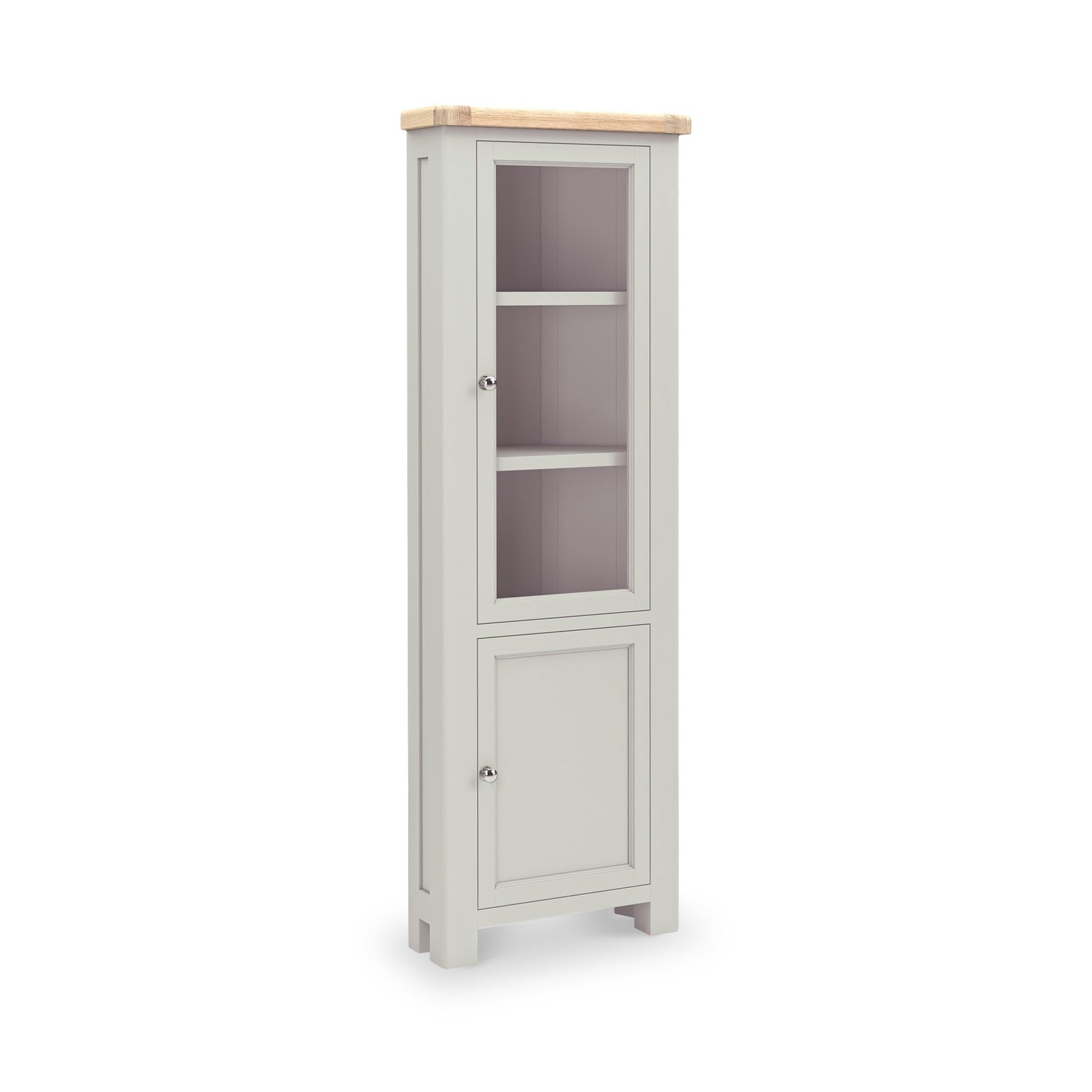 RFCORN8293-Penzance-Corner-Display-Cabinet-Stone-Grey-Angle1 Penzance Corner Display Cabinet - Image 1