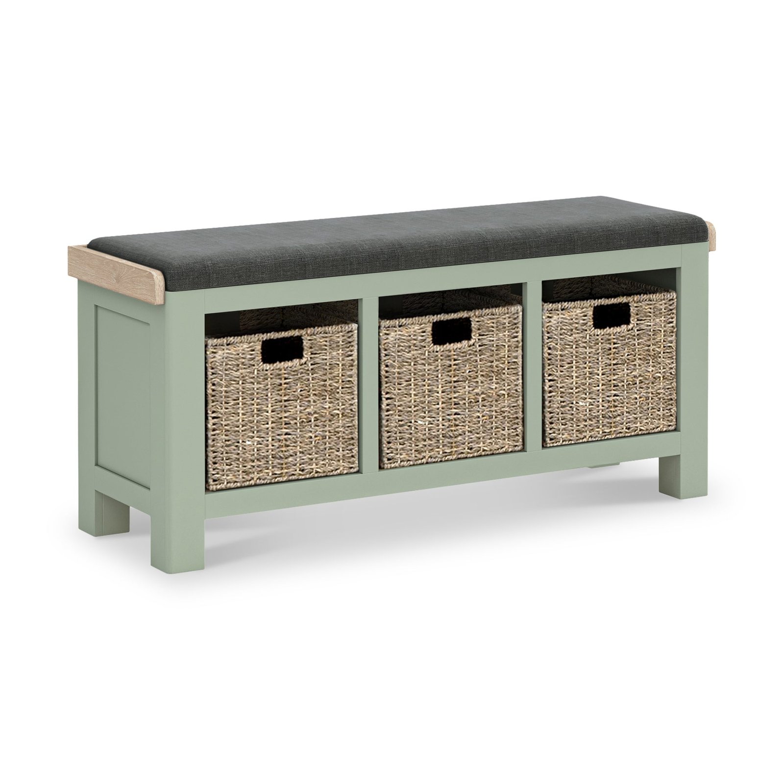 RFCORN8402RFCORN8098-Penzance-Storage-Bench-Sage-_-Charcoal-Cushion Penzance Sage Storage Bench with Baskets - Image 1