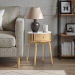 Shorwell Oak & Marble Slatted 1 Drawer Side Table - Image 2