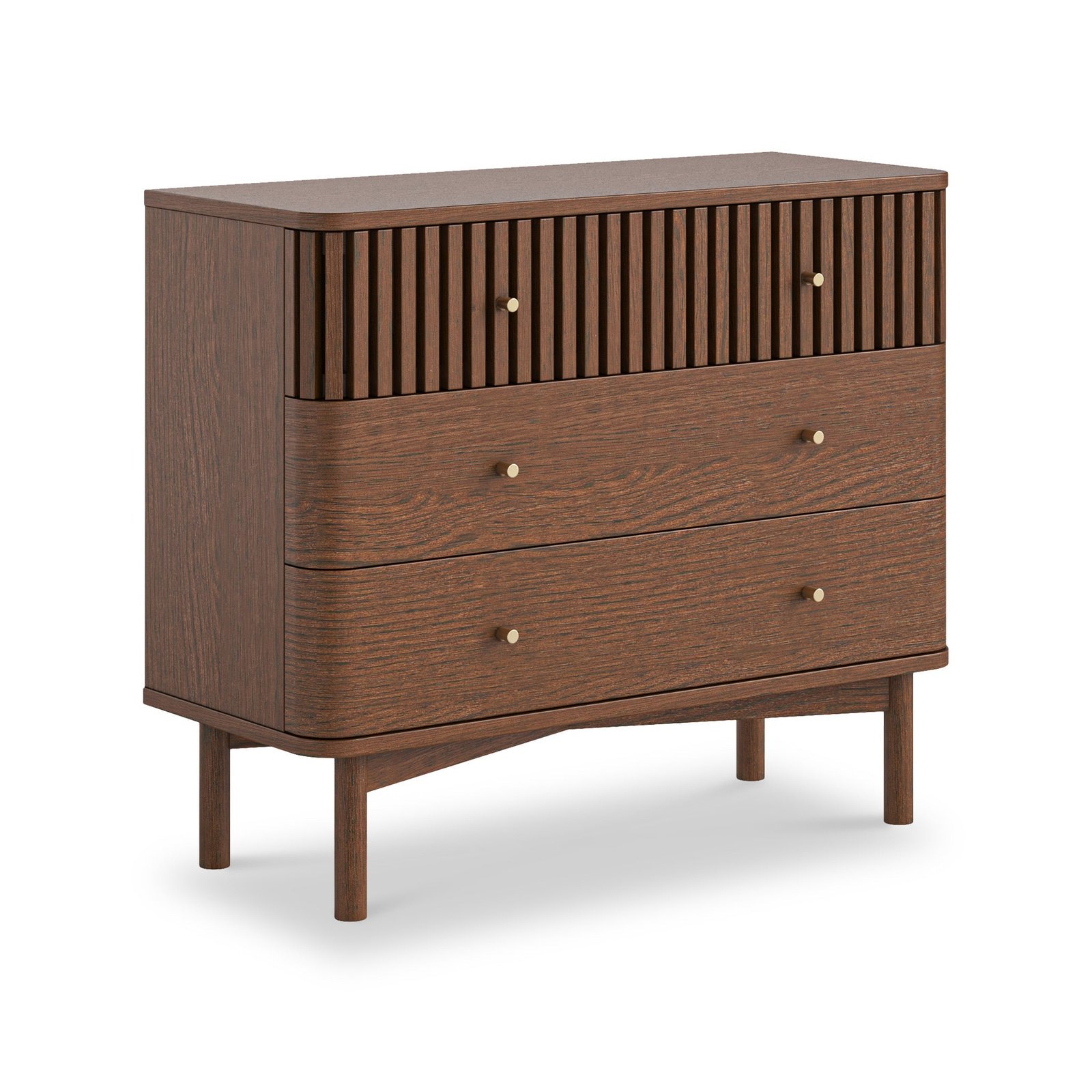 RFCORN9161-Shorwell-Oak-Slatted-3-Drawer-Chest-of-Drawers-Dark-Stain-Angle1 Shorwell Dark Oak Slatted 3 Drawer Chest - Image 1