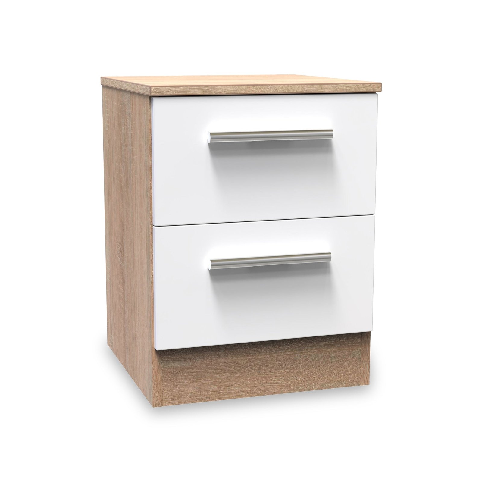 RFCTR005WGB-Blakely-White-Oak-2-Drawer-Bedside-Cabinet-Angle1 Blakely White & Light Oak 2 Drawer Bedside Cabinet - Image 1