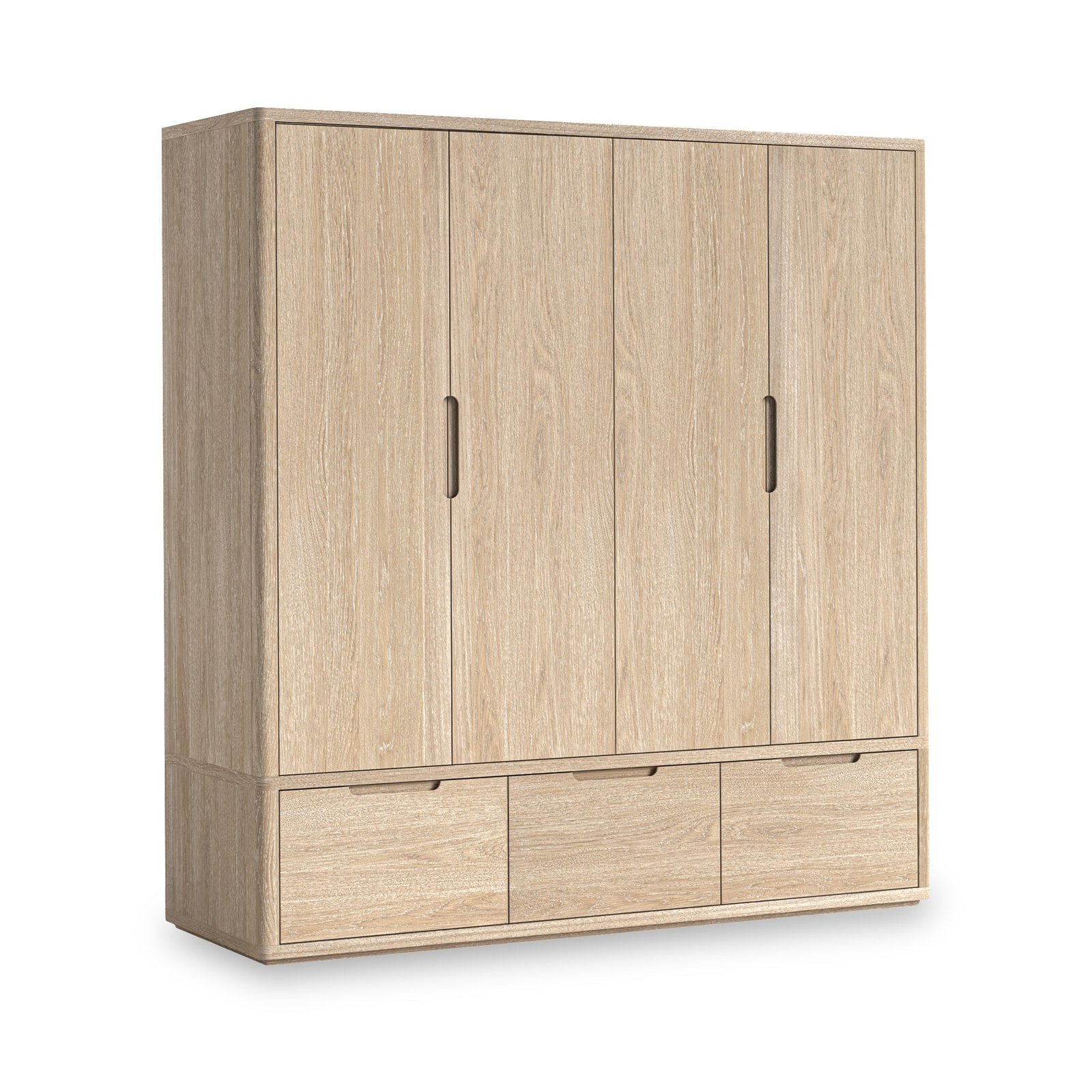RFCX9842-Mylor-Washed-Oak-4-Door-Wardrobe-Angle1 Mylor Washed Oak 4 Door Wardrobe with 3 Drawers - Image 1