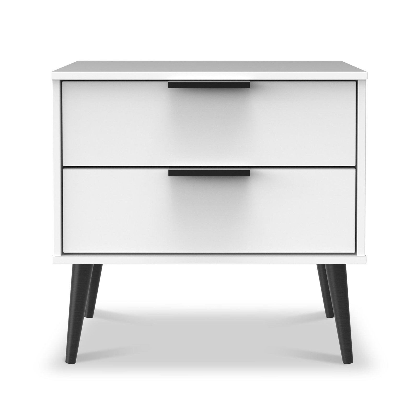 RFHKB009WMW-Asher-White-2-Drawer-Side-Table-Front_e00748b1-d108-404e-8e18-3f325993d98c Asher White 2 Drawer Side Table with Black Legs - Image 1