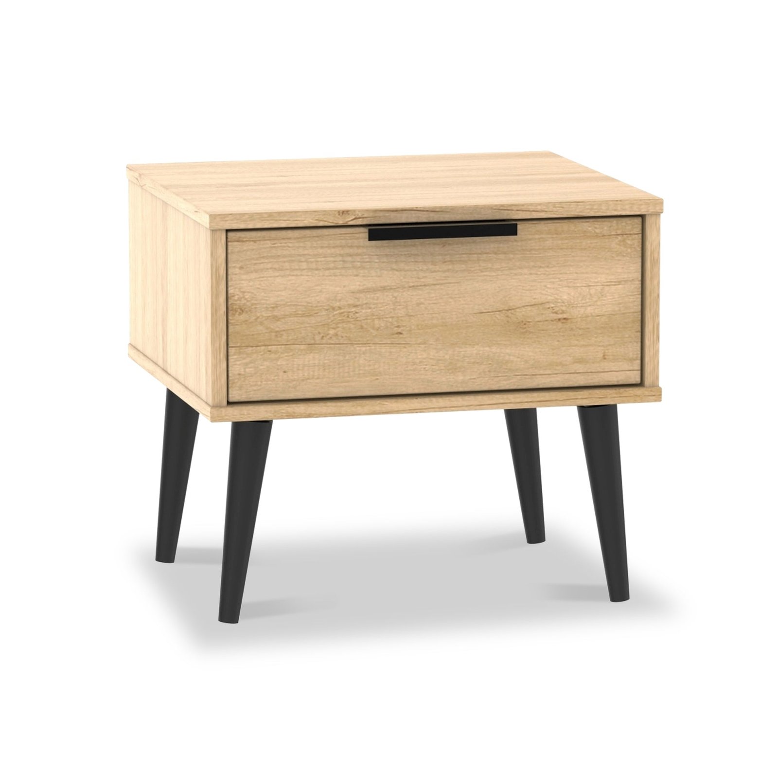 RFHKB016NBNB-Asher-Light-Oak-1-Drawer-Bedside-Angle Asher Light Oak 1 Drawer Bedside with Black Legs - Image 1