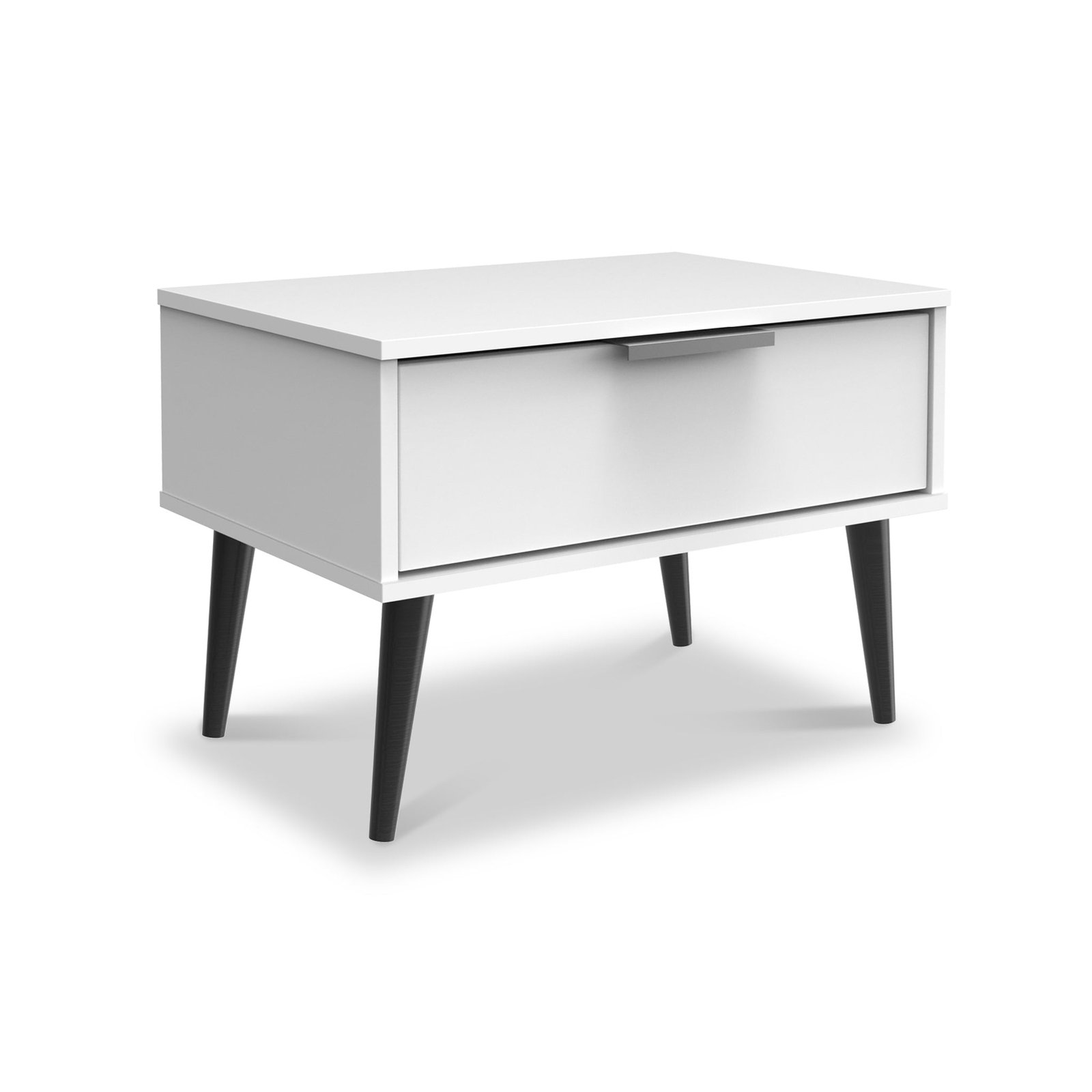 RFHKB022WMW-Asher-White-1-Drawer-Side-Table-Angle_9f89a1c9-f34d-460e-bf7d-4e06e6bb3dbb Asher White 1 Drawer Side Table with Black Legs - Image 1