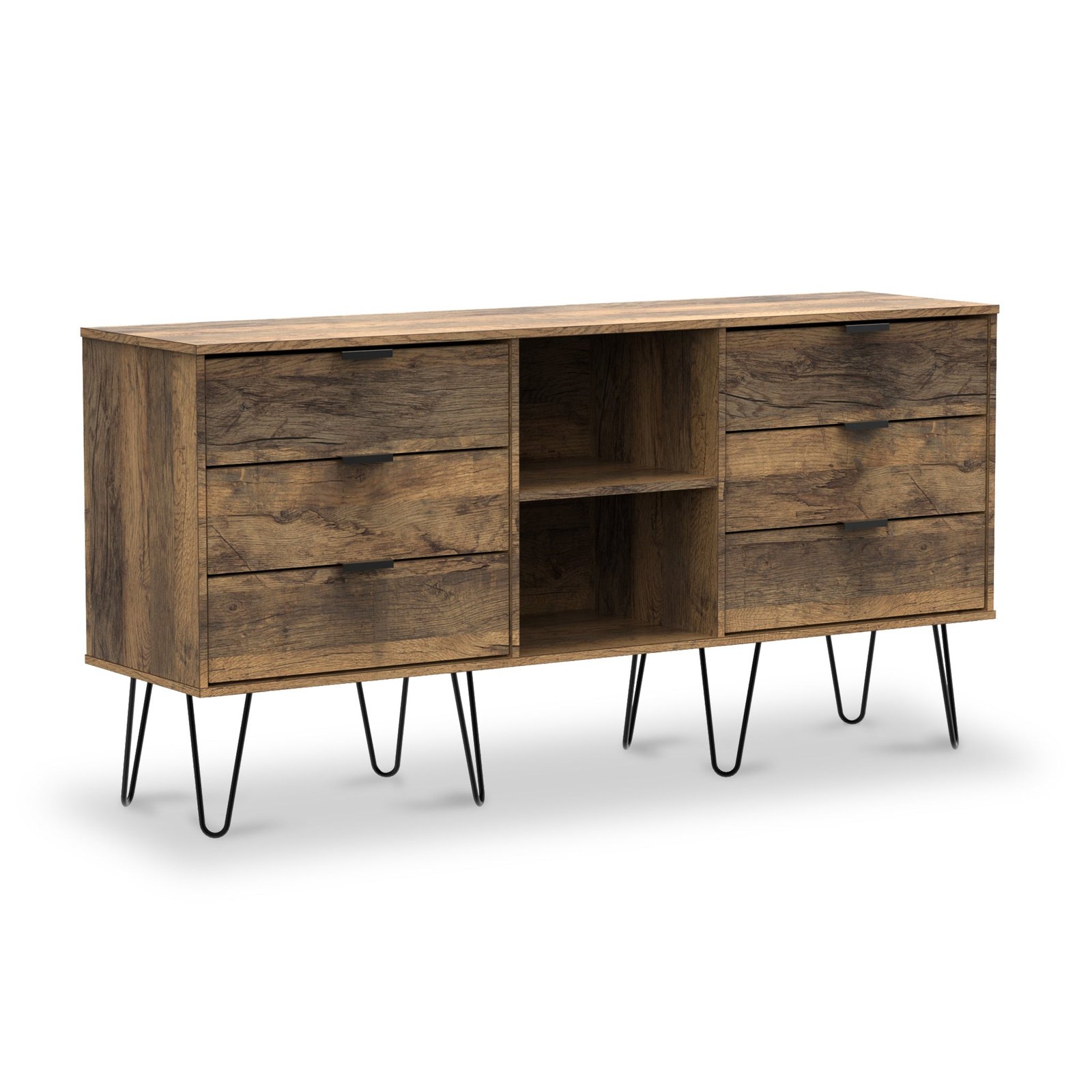 RFHKC247VOVO-Moreno-Rustic-Oak-with-Black-Hairpin-Legs-6-Drawer-Sideboard-Angle1 Moreno Rustic Oak 6 Drawer Sideboard - Image 1