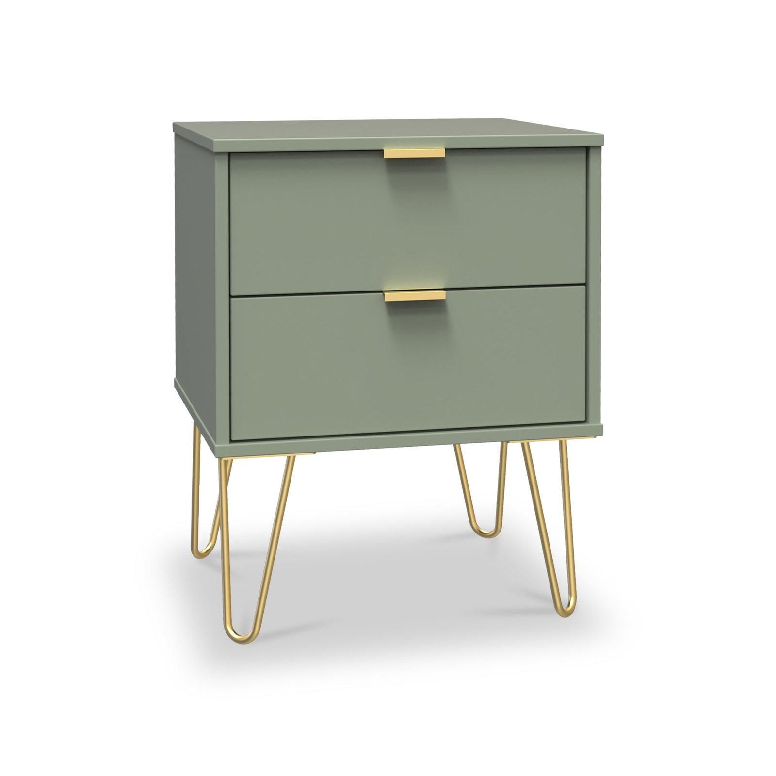 RFHKF005RGRG-Moreno-Olive-with-Gold-Hairpin-Legs-2-Drawer-Bedside-Angle_f7cb61ea-5ef8-4173-888e-c3bea3398a9b Moreno 2 Drawer Bedside - Image 1
