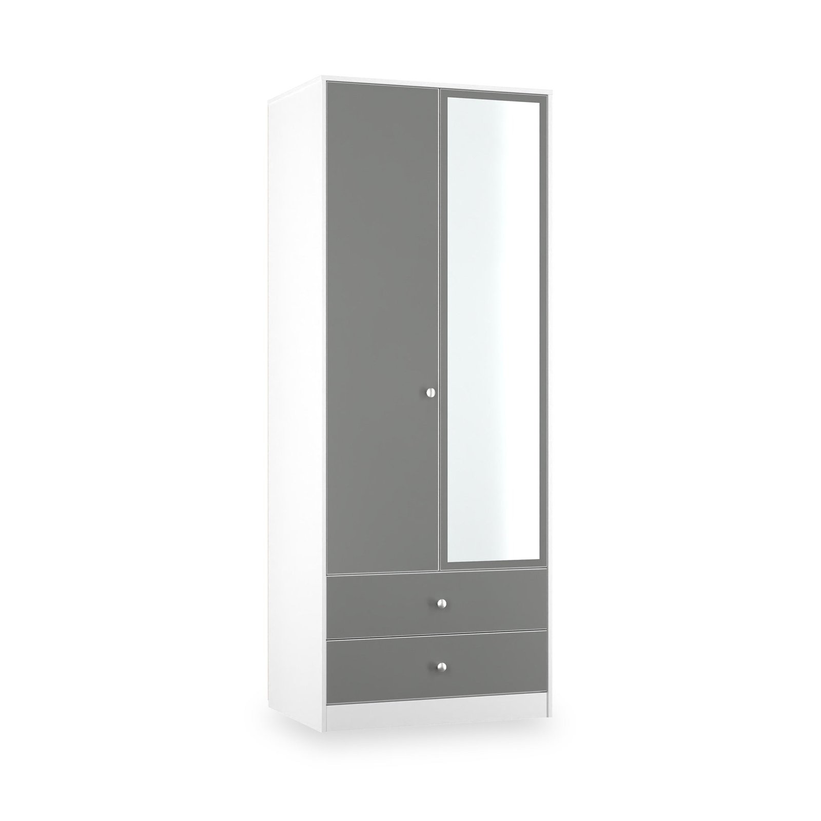 RFPAD082UGW-Bennet-Tall-2-Drawer-Mirrored-Wardrobe-Grey-White-Angle1 Bennet Tall 2 Drawer Mirrored Wardrobe - Image 1